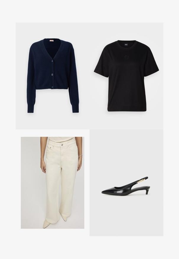 Cardigan cropped bleu marine en matériau doux, avec un col en V, des manches longues et cinq boutons sur le devant.; T-shirt en coton noir avec un col rond, des manches courtes et un logo brodé sur la poitrine. Coupe simple et décontractée sans motifs.; Jeans évasés de couleur crème en denim, dotés d'une taille haute, de poches avant et d'une fermeture à bouton unique pour un ajustement décontracté.; Talons hauts en cuir noir avec un bout pointu, dotés d'un talon fin et d'un accent en ton or sur la lanière réglable. Texture lisse.