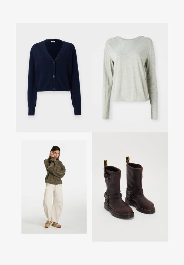 Námorně modrý zkrácený kardigan vyrobený z měkkého materiálu, s výstřihem do V, dlouhými rukávy a pěti knoflíky vpředu.; Světle šedá košile s dlouhým rukávem vyrobená z měkké tkaniny, s kulatým výstřihem a uvolněným střihem. Švy podél boků.; Free People GOOD LUCK MID RISE BARREL - Džíny Relaxed Fit - beige; Hnědé kožené boty s designem do poloviny lýtek, se strapcem a přezkou, silnou černou podrážkou a žlutými švy.