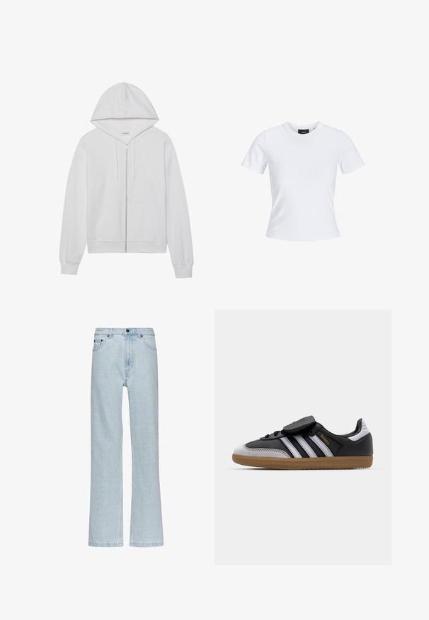 Witte rits-hoodie gemaakt van katoen, met een capuchon, voorzakken en ribgebreide manchetten. Zachte textuur met een eenvoudig, strak ontwerp.; Witte T-shirt met korte mouwen en een ronde hals, gemaakt van katoen, met een getailleerde snit en een zwart merklabel aan de binnenkant van de kraag.; Karl Kani SMALL SIGNATURE FIVE POCKET STRAIGHT LEG DENIM - Relaxed fit jeans - bleached blue; Zwarte leren en grijze suède sneaker met witte strepen, rubberen gumzool, veterfrontering en klittenbandsluiting. Uitgerust met "Samba" branding in het goud.