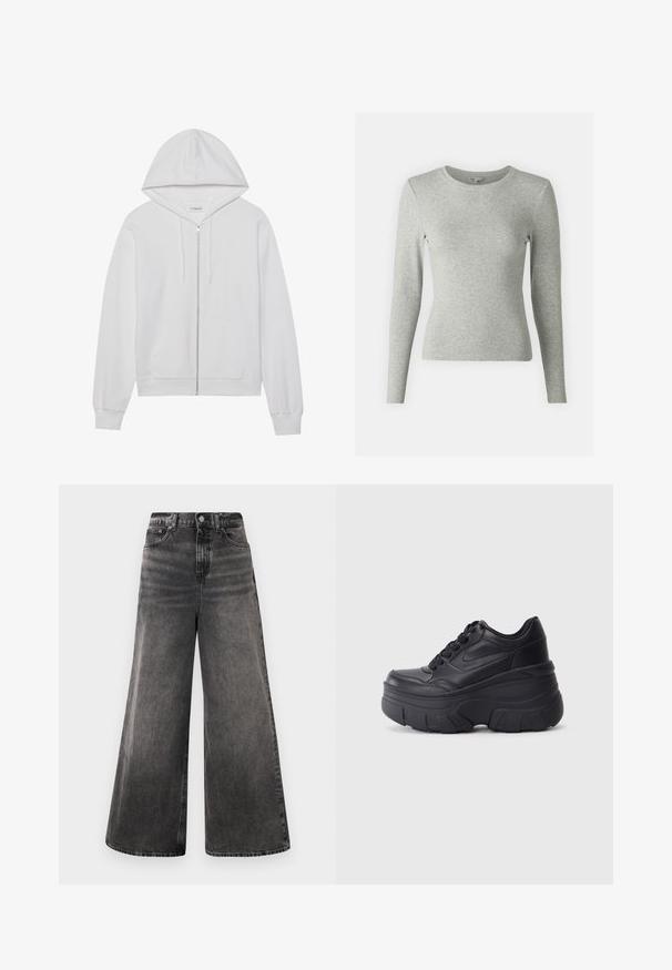 Felpa bianca con zip in cotone, dotata di cappuccio, tasche frontali e polsini a costine. Texture morbida con un design semplice e pulito.; Maglietta a manica lunga grigia chiara in cotone morbido, con scollo rotondo e silhouette aderente, senza motivi o dettagli visibili.; Jeans in denim neri a gamba larga con un effetto sbiadito, design a cinque tasche e chiusura con bottone in vita, caratterizzati da dettagli cuciti.; Sneaker nere con lacci e suola spessa, caratterizzate da una tomaia in pelle liscia, punta arrotondata e un distintivo design a piattaforma stratificata.