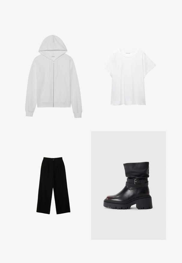 Weiße Zip-up-Hoodie aus Baumwolle, mit Kapuze, Fronttaschen und gerippten Bündchen. Weiche Textur mit einem einfachen, klaren Design.; Weißes T-Shirt aus weichem, leichtem Stoff. Mit runder Halslinie und kurzen, weit geschnittenen Ärmeln für einen lässigen Sitz. Keine sichtbaren Muster.; Schwarze weit geschnittene Hose aus einem glatten Material, mit hoher Taille, Vorderfalten und einem einzelnen Knopfverschluss vorne.; Schwarze Leder-Stiefelette mit einem lässigen Schaft, Schnallenverzierung und dickem, robustem Absatz. Verfügt über eine runde Zehenpartie und eine glatte Textur.