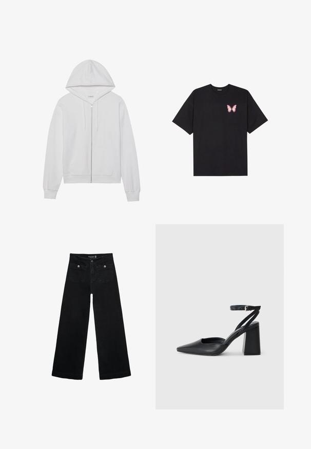 Weiße Zip-up-Hoodie aus Baumwolle, mit Kapuze, Fronttaschen und gerippten Bündchen. Weiche Textur mit einem einfachen, klaren Design.; Schwarzes Baumwoll-T-Shirt mit kurzen Ärmeln, das ein kleines pinkes Schmetterlingsmotiv auf der linken Brust zeigt. Crewneck-Design mit einem entspannten Schnitt.; Schwarze, weit geschnittene Jeans mit hoher Taille, die zwei Fronttaschen und metallene Knopfakzente aufweist. Der Stoff hat eine glatte Textur.; Schwarze Leder-Pumps mit spitzer Zehe, einem Knöchelriemen und einem blockigen Absatz. Flache Textur, elegantes Design und minimalistische Ästhetik.