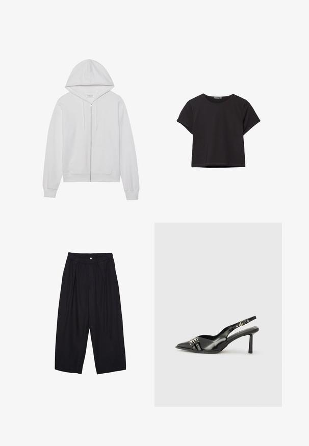 Bela zip-up kapuca iz bombaža, z žepoma spredaj in rebrastimi manšetami. Mehka tekstura s preprostim, čistim dizajnom.; Črn kratki top s kratkimi rokavi, narejen iz mehkega materiala, z okroglo izrezom in sproščenim krojem ter čistim robom.; Črne poliesterske culotte hlače z elastičnim pasom, dvema sprednjima nabiranjema in ohlapnim krojem. Brez vidnih vzorcev ali kovinskih detajlov.; Črne patentne usnjene sandale s koničastim nosom, zankami okoli gležnja s srebrnimi sponkami in opremo ter vitkimi petami.