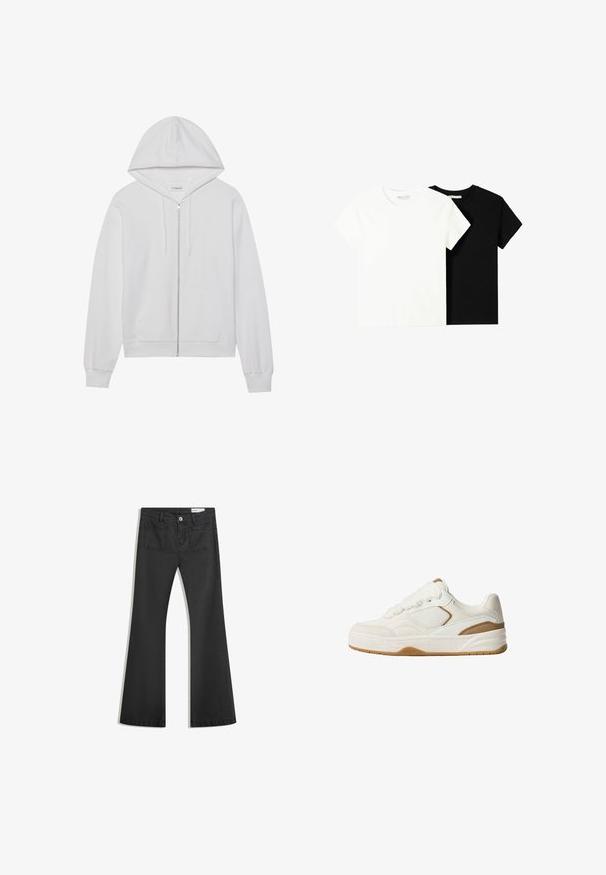Fehér, cipzáros kapucnis felső pamutból, elülső zsebekkel és bordázott mandzsettákkal. Puha tapintású, egyszerű, letisztult dizájnnal.; Két rövid ujjú póló, az egyik fehér, a másik fekete, pamutból készült. Mindkettő kerek nyakkivágással és egyszerű, klasszikus dizájnnal rendelkezik.; Fekete, sima textúrájú farmer flare nadrág, két hátsó zsebbel és gombos derékkal.; Fehér sneaker texturált anyagból és velúr részletekkel. Kerek fűzőkkel, párnázott bokarésszel és gumis, tapadásra tervezett talppal rendelkezik.