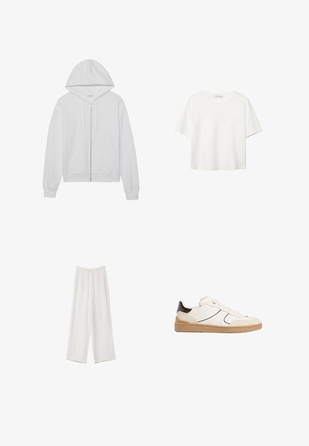 Felpa bianca con zip in cotone, dotata di cappuccio, tasche frontali e polsini a costine. Texture morbida con un design semplice e pulito.; T-shirt bianco a maniche corte realizzato in cotone. Presenta un collo tondo e una vestibilità rilassata. Texture liscia senza motivi o dettagli visibili.; Pantaloni a gamba larga bianchi realizzati in un tessuto leggero. Presentano una vita elastica con cordoncino e tasche laterali. Texture liscia.; Stradivarius Sneakers basse - white