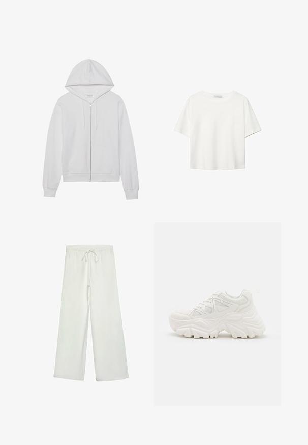 Bijela majica s kapuljačom, zatvaranjem na zip i izrađena od pamuka, sa prednjim dzepovima i rebrastim rukavima. Mekana tekstura s jednostavnim, čistim dizajnom.; Bijela majica kratkih rukava od pamuka. Ima okrugli izrez i opušteni kroj. Glatka tekstura bez vidljivih uzoraka ili naglasaka.; Bijele hlače širokog kroja od mekog materijala. Imaju elastični pojas s vezicom i glatku teksturu. Nema vidljivih uzoraka ili metalnih dijelova.; Bijele debele tenisice s teksturiranim gornjim dijelom, mrežastim panelima i debelim gumenim potplatima s istaknutim uzorkom. Uključene vezice i petna traka.