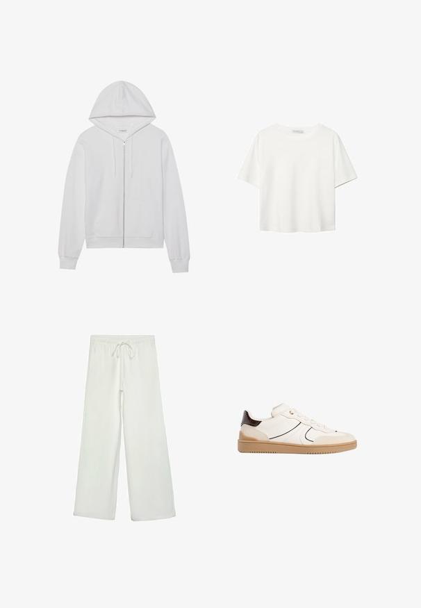 Valkoinen vetoketjullinen huppari, joka on valmistettu puuvillasta. Siinä on huppu, etutaskut ja ribattu reunus. Pehmeä tekstuuri sekä yksinkertainen ja puhdas muotoilu.; Valkoinen lyhythihainen T-paita, joka on tehty puuvillasta. Siinä on pyöreä kaula-aukko ja rento malli. Silkkinen pinta ilman näkyviä kuvioita tai koristeita.; Valkoiset leveälahkeiset housut pehmeästä kankaasta. Varustettu joustavalla vyötäröllä ja nyörillä sekä sileällä pinnalla. Ei näkyviä kuvioita tai tarvikkeita.; Stradivarius Matalavartiset tennarit - white