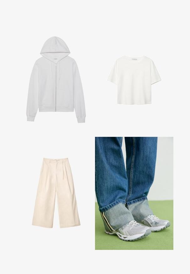 Weiße Zip-up-Hoodie aus Baumwolle, mit Kapuze, Fronttaschen und gerippten Bündchen. Weiche Textur mit einem einfachen, klaren Design.; Weißes T-Shirt mit kurzen Ärmeln aus Baumwolle. Hat einen Rundhalsausschnitt und eine lockere Passform. Glatte Textur ohne sichtbare Muster oder Akzente.; Beige weit geschnittene Hose aus weichem Stoff mit hohem Bund, ausgestattet mit Falten und einem vorderen Knopfverschluss. Glatte Textur und maßgeschneidertes Design.; Graue Turnschuhe aus Mesh-Material mit weißen Akzenten, kombiniert mit blauen Jeans, die an den Knöcheln umgeschlagen sind.