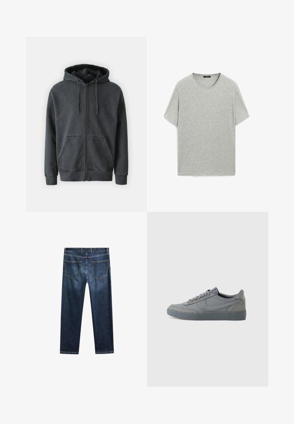 Samsøe Samsøe PIGMENT ZIP HOODIE - Zip-up sweatshirt - black; Gray short-sleeved T-shirt, round neck, soft texture, casual design, made from cotton blend fabric, no visible patterns or accents.; Dark blue denim jeans with a straight-leg cut, five pockets, and contrasting stitching. Features a clean waistband and hemline.; Gray suede sneakers with a smooth leather upper, featuring a textured rubber sole and classic lace-up design. Signature swoosh logo on the side.