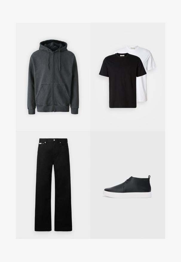 Samsøe Samsøe PIGMENT ZIP HOODIE - Cipzáras pulóver - black; Két sima pamut póló, egy fekete a fehér előtt, mindkettő rövid ujjú és kerek nyakú.; Fekete farmernadrág széles szabással, öt zsebbel és fém gombos díszítéssel. Sima felület, látható minták nélkül.; Fekete bőr magas szárú sneakers, sima felülettel, fehér gumi talppal és egyszerű, fűzős dizájnnal. Hátul húzófül található.