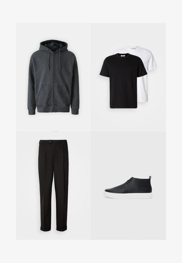 Samsøe Samsøe PIGMENT ZIP HOODIE - Felpa con zip - black; Due t-shirt di cotone semplici, una nera posizionata davanti a una bianca, entrambe con maniche corte e scollature rotonde.; Pantaloni neri con una texture liscia, con taglio dritto, due tasche anteriori e chiusura con un singolo bottone in vita.; Sneakers alte in pelle nera con finitura liscia, suola in gomma bianca e un design semplice con lacci. Presentano un occhiello sul retro.