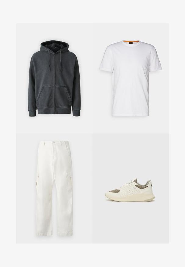 Samsøe Samsøe PIGMENT ZIP HOODIE - Camisola com fecho - black; T-shirt de algodão branco com decote redondo, mangas curtas e um logo em relevo discreto no peito. A etiqueta interior tem um detalhe laranja.; Calças de carga brancas feitas de algodão, com um design de perna reta, dois bolsos laterais e dois bolsos de carga nas coxas.; Sapatilha atlética branca e bege claro, com parte superior em malha, detalhes perfurados e uma entressola texturizada com marcação no calcanhar.