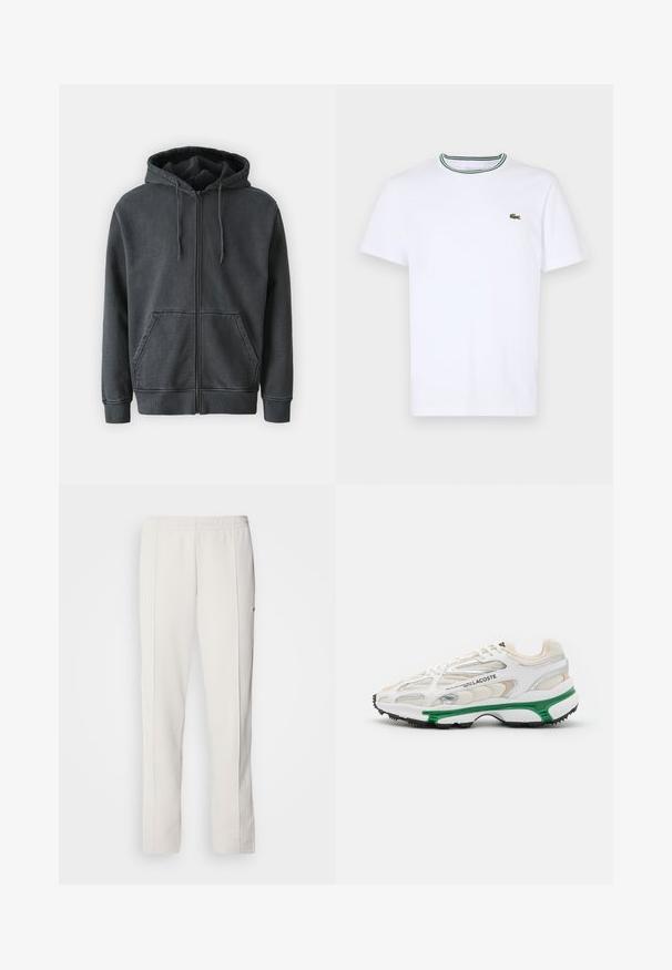Samsøe Samsøe PIGMENT ZIP HOODIE - Sweatjakke - black; Hvid bomulds T-shirt med korte ærmer og ribbet krave med grønne og sorte striber; lille grøn broderet logo på venstre bryst.; Lacoste Træningsbukser - hammam; Hvide sneakers med grønne accenter og sort gummisål. Har mesh- og syntetiske paneler med en struktureret overflade og synlige sømme.