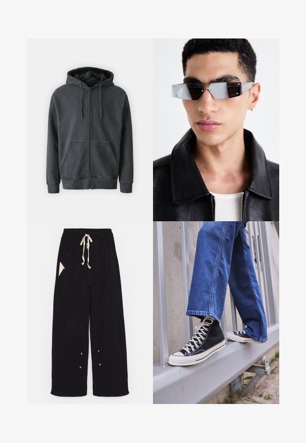 Samsøe Samsøe PIGMENT ZIP HOODIE - Majica s kapuljačom i patentnim zatvaračem - black; Crna kratka majica s kratkim rukavima od pamuka, s okruglim izrezom i ležernim krojem. Glatka tekstura s minimalnim detaljima šivanja.; Crne široke hlače izrađene od mekog materijala s pojasom na vezanje, bočnim džepovima i trokutastim akcentom džepa. Uključeni su detalji od srebrne boje.; Crne visoke tenisice s bijelim potplatom i vezicama, u kombinaciji s širokim plavim trapericama, naslonjene na sivi ogradu.; Angular sunčane naočale sivo-smeškanih tonova sa srebrnim detaljima, postavljene na svijetloj pozadini. Stakla imaju jedinstven geometrijski oblik.