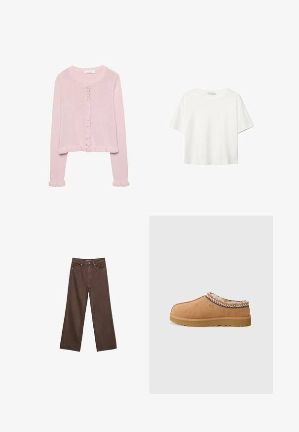 Cardigan en tricot rose clair avec un col rond, fermeture à boutons et des volants au niveau des poignets et de l'ourlet. Texture douce, coupe courte.; T-shirt blanc à manches courtes en coton. Doté d'un col ras du cou et d'une coupe décontractée. Texture lisse sans motifs ni accents visibles.; Jean brown à jambes larges en denim, doté d'une taille haute, de poches avant et d'une fermeture à bouton classique. Texture lisse avec des coutures subtiles.; Chaussure slip-on en suède beige avec une doublure en laine texturée et des coutures décoratives de style ethnique autour du col. Équipée d'une semelle en caoutchouc.