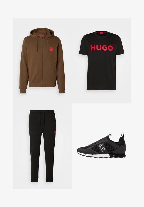 Brown zip-up hoodie with kangaroo pockets, adjustable drawstring hood, and red rectangular patch labeled "HUGO" on the chest.; Black cotton t-shirt featuring bold red "HUGO" text on the front, short sleeves, round neckline, and a relaxed fit.; Black sweatpants made of soft fabric, featuring a drawstring waist, slim fit, and a red logo patch on the left thigh.; EA7 Emporio Armani LACES UNISEX - Trainers - black/white