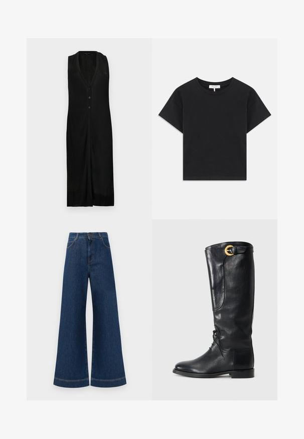 Črna brezrokavna obleka z V-izrezom, vertikalno rebrasto teksturo, gumbom in stranskimi razprtji za gibanje.; Črni skrajšan majica iz bombaža, z okroglim izrezom, kratkimi rokavi in preprostim dizajnom brez vzorcev ali okrasnih elementov.; Svetlo modri jeans širokih nogavic z visokim pasom, ki imajo zaponko, težke zanke za pas in subtilne šive ob žepih in robovih.; Ženske črne usnjene škornje do kolen, s zaobljenim nosom, spredaj vezane, z bočno dekoracijo in z zlatim okrasnim sponko na vrhu. Gladka površina.