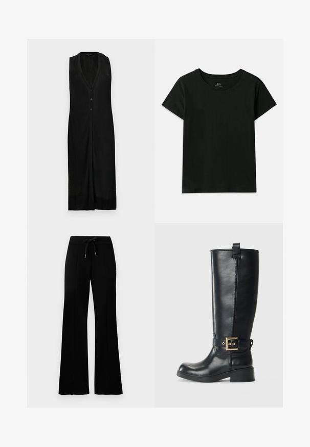 Melna bez piedurknēm kleita ar V veida kakla izgriezumu, vertikālu ribotu tekstūru, pogu aizdari un sānu šķēlumiem kustībai.; Melnā īsās piedurknes T-kreklā, kas izgatavots no kokvilnas. Piedāvā apaļu kakla izgriezumu un augšējiem pleciem iepresētu "Armani Exchange" tekstu. Vienkāršs dizains.; Melnas platās svārku bikses ar sašūtu jostu, sānu iegriezumiem, mīkstu audumu un glītu dizainu.; Melnas ādas ceļgala augstuma zābaki ar zemu bloku papēdi, ar dekoratīvu zelta sprādzi ap potīti un cilpu augšpusē.