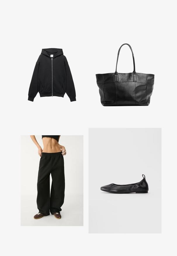 Čierna mikina na zips vyrobená z mäkkej zmesi bavlny, s kapucňou, rebrovanými manžetami a veľkými postrannými vreckami v uvoľnenom strihu.; Biele bavlnené tielko s ryhovanou textúrou, bezrukávovým dizajnom a okrúhlym výstrihom. Obsahuje štítok na krku so slovami "WEEKDAY."; Čierne, široké tepláky s elastickým pásom. Vyrobené z mäkkej látky, s voľným strihom. Skombinované s hnedými teniskami.; Čierne kožené baletné topánky s okrúhlou špičkou, zhrnutými elastickými stranami a pútkom na päte, vystavené na svetlom pozadí.; Still Nordic STILLBASIC SHOPPER - Veľká kabelka - black