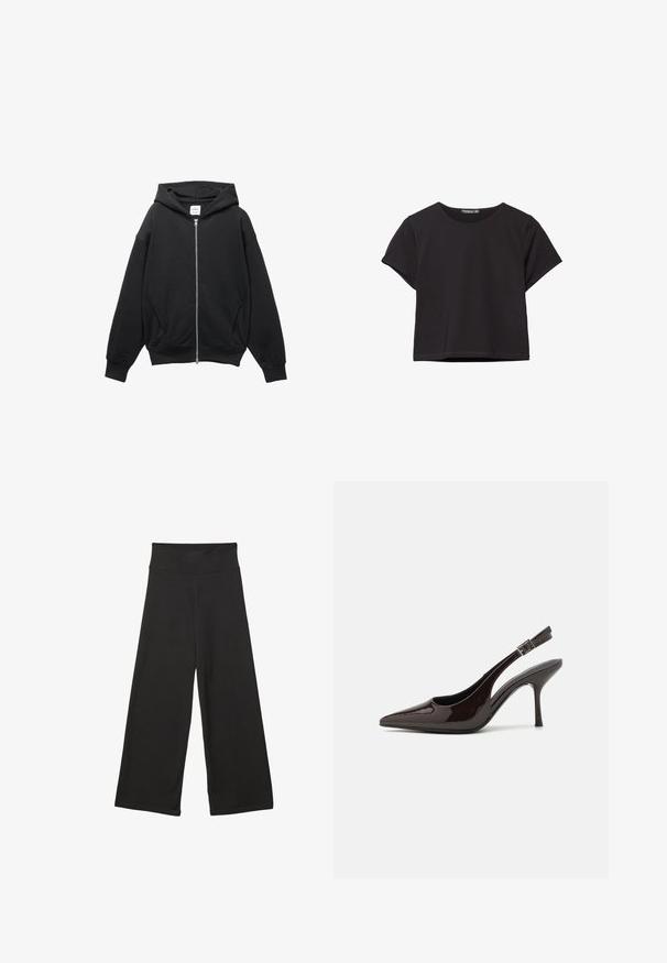 Schwarze Zip-Hoodie aus einer weichen Baumwollmischung, mit Kapuze, gerippten Bündchen und großen Seitentaschen in lockerer Passform.; Schwarzes kurzärmliges Crop-Top aus weichem Stoff, mit rundem Halsausschnitt und einem lässigen Schnitt mit einem sauberen Saum.; Schwarze weit geschnittene Hosen mit einem hohen elastischen Bund, weichem Stoff und lockerer Passform, geeignet für legere Anlässe oder entspannte Umgebungen.; Slingback-Pumps aus glänzendem dunklen braunen Lackleder, mit spitzer Zehenpartie, offenen Seiten und verstellbarem Knöchelriemen.