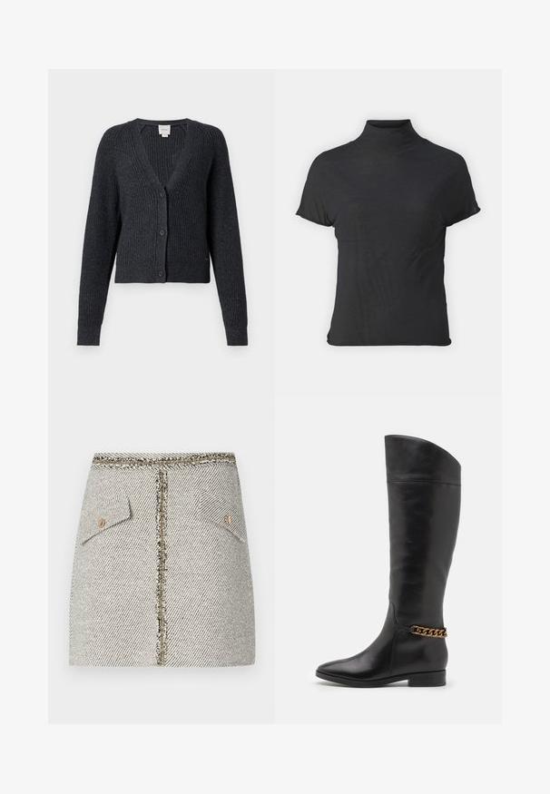 Dark grey, ribbed knit cardigan with long sleeves, v-neck, and five buttons. Features a cropped design and textured fabric.; Black short-sleeve turtleneck top made of lightweight fabric with a smooth texture and a fitted shape, featuring a high neckline.; Woven tweed skirt in white and black herringbone pattern, features two front pockets and a gold-tone zipper at the back with frayed edges.; Tall black leather boots with a sleek design, pointed toe, and a gold chain accent at the ankle. Low block heel. Smooth texture.
