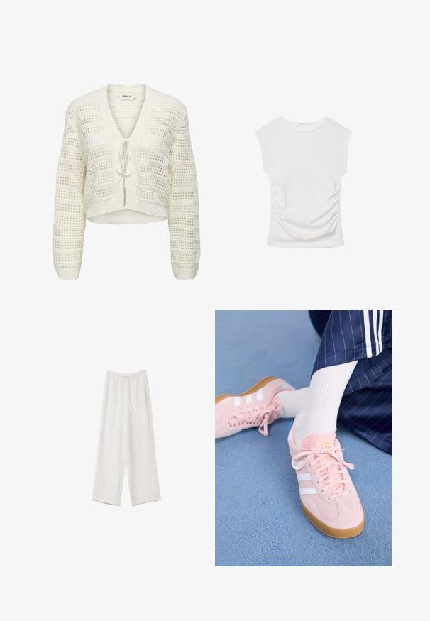 Vit kort stickad cardigan med v-ringning, knytstängning och öppet arbete med horisontella och vertikala ränder, strukturerade kanter.; Vit ärmlös topp med rund halsringning och subtil sidodrapering, presenterad platt mot en vit bakgrund.; Vita vida byxor i vid passform gjorda av ett lättviktsmaterial. Har en elastisk midja med dragsko och sidofickor. Slät textur.; Ljusrosa mockaskor med vita ränder och snören, med en strukturerad tunga och en gummisula, placerade på en blå matta.