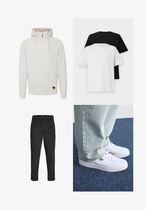 Felpa zip grigia chiara con finitura testurizzata, due tasche frontali e cappuccio con stringa. Presenta una patch in pelle sulla parte anteriore.; Set di t-shirt in cotone composto da una maglietta nera e una bianca, entrambe con maniche corte, scollatura rotonda e vestibilità standard. Tessuto testurizzato.; Pantaloni cargo neri realizzati in un tessuto resistente, dotati di molteplici tasche, chiusura con bottone e un design aderente con gambe affusolate.; Sneakers in pelle bianca con logo Nike verde, punta rotonda, suola piatta, abbinati a pantaloni in denim azzurro, mostrati su un tappeto blu.