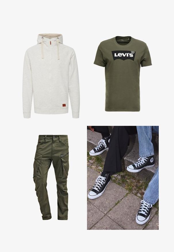 Vaaleanharmaa vetoketjullinen huppari, jossa on teksturoitu pinta, kaksi etutaskua ja kiristettävä huppu. Edessä on nahkakiinnitys.; Oliivinvihreä puuvillapaidan t-paita, jossa on suuri musta Levi's-logo edessä. Klassinen pyöreä kaula-aukko ja lyhyet hihat, sileä tekstuuri.; Vihreät kangashousut, jotka on valmistettu kestävästä puuvillasta. Ominaisuuksiin kuuluvat useat taskut, vetoketjulla varustettu sivutasku sekä kapenevat lahkeet, joissa on hieman teksturoitu pinta.; Mustat korkeat kangaslenkkarit, joissa on valkoiset kumipohjat ja nauhat, sivussa on pyöreä logo, ja ne on yhdistetty farkkuihin ja mustiin housuihin.
