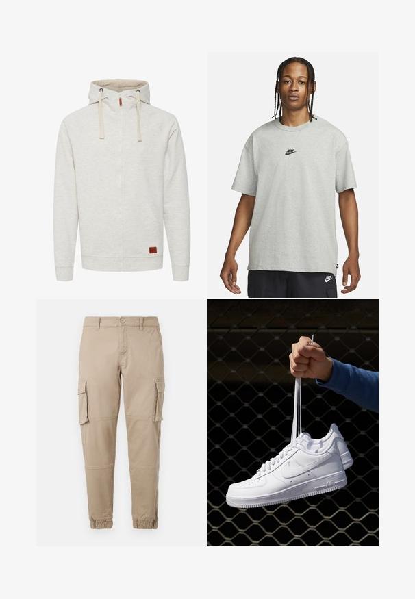 Lysegrå zip-up hoodie med en tekstureret overflade, to forlommer og hætte med snor. Har et læderdetalje patch på forsiden.; Ung person med fletninger iført en lys grå Nike T-shirt og sorte Nike shorts mod en ensfarvet hvid baggrund.; Beige cargo bukser i et letvægts bomuldsstof. Har elastiske manchetter, flere sidelommer og en knaplukning.; Hvide lædersneakers med perforeringer, rund tå, flad sål og tykke snørebånd, med et synligt swoosh-logo og "AIR" på hælen.