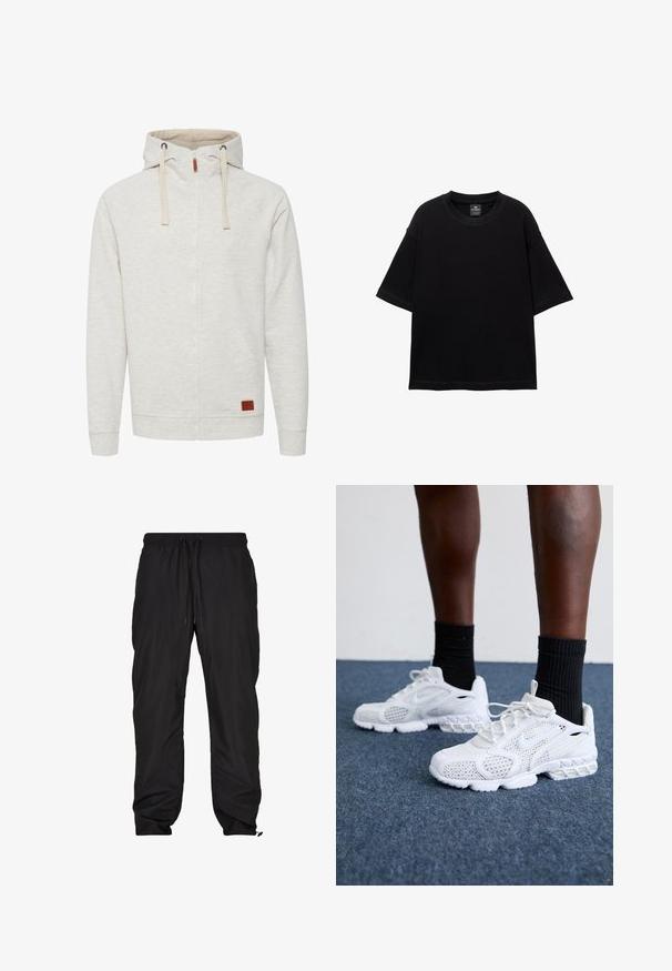 Lysegrå zip-up hoodie med en tekstureret overflade, to forlommer og hætte med snor. Har et læderdetalje patch på forsiden.; Sort kortærmet T-shirt lavet af bomuld med rund hals og afslappet pasform. Glat tekstur med minimale syningsdetaljer.; Sorte, letvægts, vandafvisende bukser med elastisk talje, justerbar snor, sidelommer og tapered manchetter.; Hvide atletik-sko med mesh-overdel, teksturerede accenter og polstret sål. Parret med sorte ribbede ankelstrømper på en blå tæppebelagt overflade.