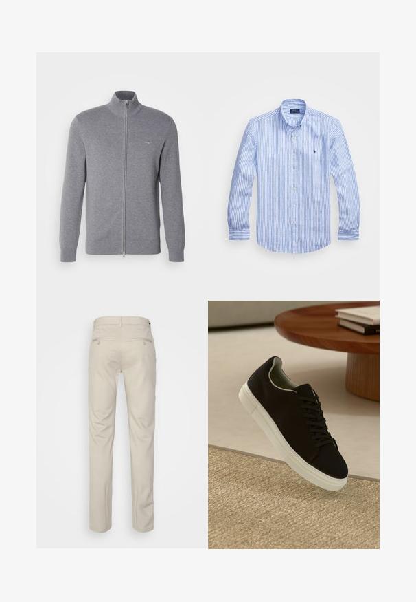 Grå zip-up tröja med hög krage, ribbade muddar och nederkant. Har en liten logo på bröstet. Tillverkad av ett mjukt, texturerat tyg.; Blå och vit randig långärmad skjorta i bomull, med en knapp ner-krage, framknappar och en liten broderad logotyp på bröstet.; Beige byxor med en slät textur, rak passform, två bakfickor med knappar och standard midja.; Svart sneakers med vit sula svävande över en beige texturerad matta nära ett runt träbord med staplade böcker.