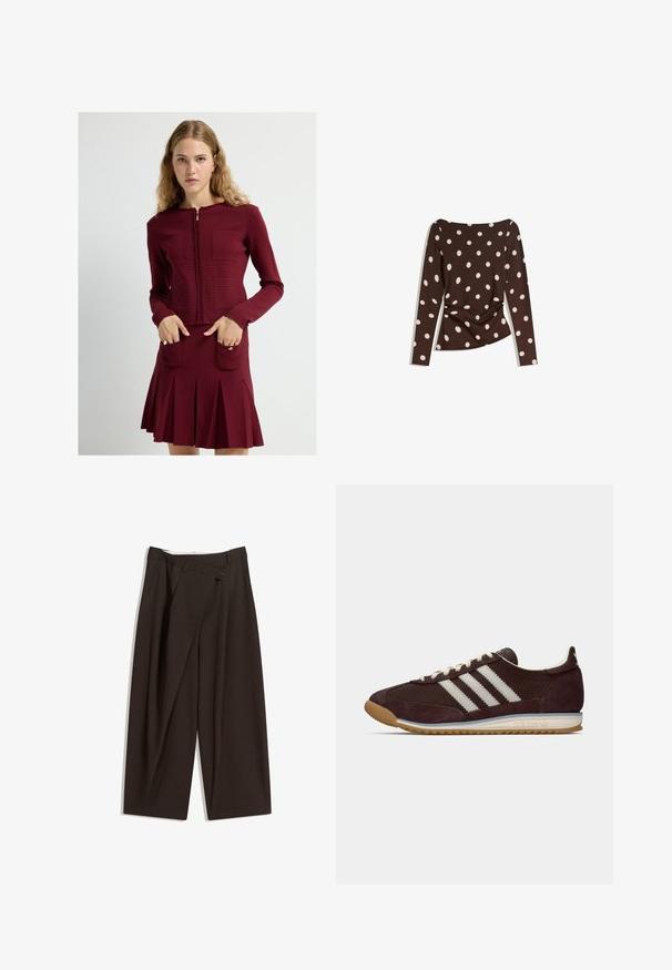 Bordeaux zip-up jakke med et tekstureret gittermønster og to forlommer, parret med en matchende a-formet nederdel med plisseringer.; Brun langærmet top med en rund halsudskæring, der har store hvide prikker og samlet detalje ved taljen for et tætsiddende look.; Mørkebrune brede bukser med høj talje, udstyret med en enkelt knaplukning og en plisseret front. Lavet af letvægtsstof.; Lavprofil mørk burgunder Adidas sneakers med hvide striber, cremefarvede snørebånd og gummitalje, set fra siden på neutral baggrund.