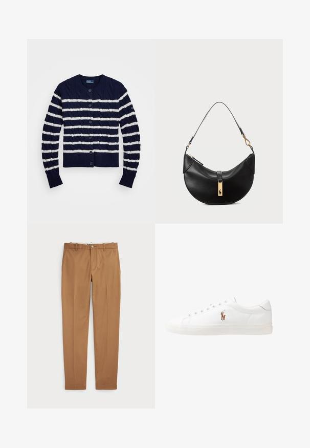 Polo Ralph Lauren LONG SLEEVE - Ζακέτα - hunter navy/authentic cream; Μαύρη βαμβακερή μπλούζα με στρογγυλή λεία λαιμόκοψη, κοντά μανίκια και λευκό κεντημένο λογότυπο στο αριστερό στήθος. Λείο υλικό, χαλαρός σχεδιασμός.; Καφέ βαμβακερό παντελόνι με κομψή γραμμή, επίπεδο μπροστινό μέρος και κανονικές τσέπες; λεία υφή και ραμμένα μανίκια.; Λευκά δερμάτινα sneakers, χαμηλού σχεδιασμού, με απαλή υφή, στρογγυλή μύτη, δέσιμο μπροστά και μικρό κεντημένο λογότυπο στο πλάι.; Μαύρη δερμάτινη τσάντα χειρός σε σχήμα μισού φεγγαριού. Διαθέτει χρυσή μεταλλική λεπτομέρεια και στενό λουρί. Απαλή υφή, κλείσιμο με φερμουάρ στην κορυφή.