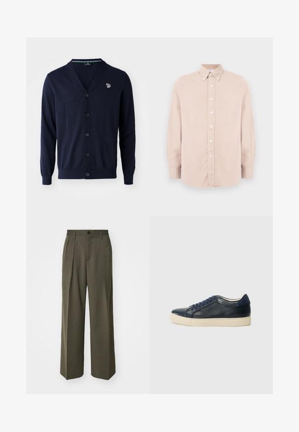Marineblaue Strickjacke mit V-Ausschnitt, fünf schwarzen Knöpfen und einem kleinen bunten Logo auf der linken Brust. Glatte Textur, lange Ärmel.; Helles rosa Hemd mit Knopfleiste und langen Ärmeln, kragenlosem Ausschnitt und weißen Knöpfen. Aus glattem Stoff gefertigt mit regular Fit.; Filippa K WIDE TROUSERS - Stoffhose - driftwood; Dunkelblaues Leder-Sneaker mit cremefarbener Gummisohle, ausgestattet mit blauen Schnürsenkeln und einer glatten Textur. Abgerundete Zehenpartie und minimalistisches Design.