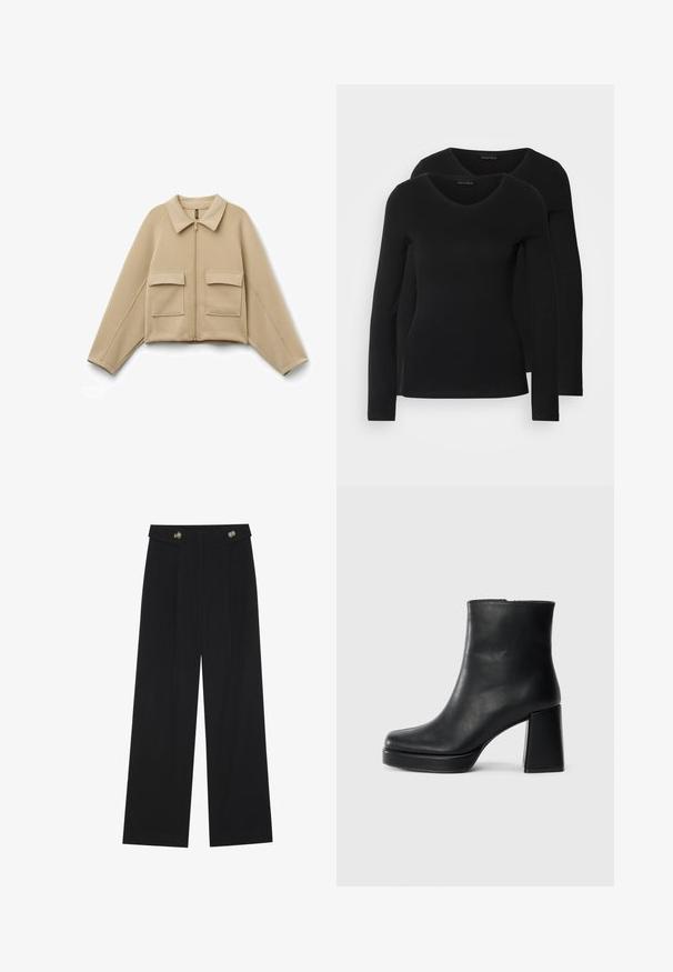Beige kort jacka i mjukt tyg med krage, framdragkedja och två framfickor med klaff; slät textur, avslappnad passform.; Två svarta långärmade tröjor med V-ringning, tillverkade av mjukt, stretchy tyg, som visar en slät textur och en figursydd form.; Svarta vida byxor med hög midja, knäppdetaljer i midjan och framfickor.; Svart läderankelboot med blockklack och platåsula, sedd från sidan på en enkel vit bakgrund.