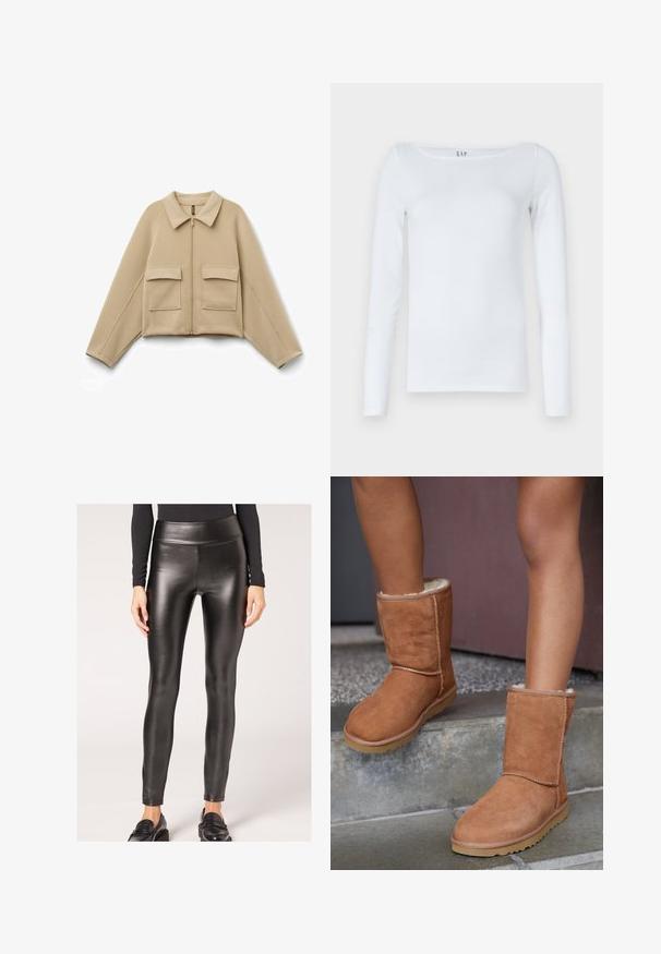 Beige cropped jakke lavet af blødt stof med krave, lynlås foran og to frontlommer med flap; glat tekstur, afslappet pasform.; Hvid langærmet skjorte lavet af bomuldsblanding, med en rund halsudskæring og et slankt snit. Ingen synlige mønstre eller detaljer.; Sorte faux læder leggings med høj talje, en glat tekstur og tætsiddende design, der har en strømlinet silhuet og minimal udsmykning.; Brune ruskind ankelstøvler med rund tå, blødt foer og gummisål, der har synlige stikninger langs sømmene.