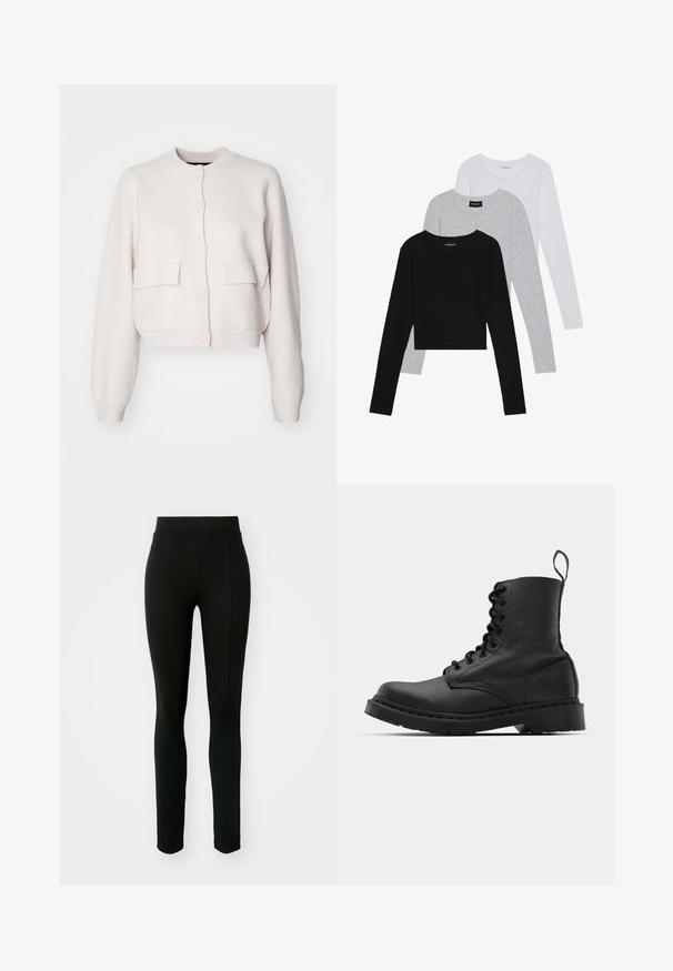 Vero Moda VMAPPLE ONECK - Bombejakke - birch; Tre lange ermer t-skjorter stablet: svart, grå og hvit. Hver har en rund hals og et kort design med glatt, lett stoff.; Svart leggings laget av elastisk materiale, med høy midje, slim fit, og to bestemmer lommer uten synlige sømmer.; Svart lær militærstøvel med rund tå, snøring foran og en løftestropp ved ankelen. Har en tykk gummisåle for holdbarhet.