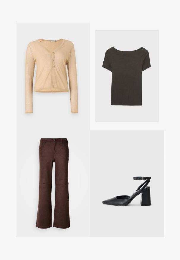 Beżowy kardigan z długim rękawem, wykonany z teksturowanej, błyszczącej tkaniny, z dekoltem w serek i trzema guzikami z przodu.; Czarna szara bluzka z krótkim rękawem i dekoltem w kształcie łódki. Wykonana z prążkowanej tkaniny, ma luźny krój i czyste wykończenie. Prosty design, bez wzorów.; Brązowe spodnie w stylu dzwonów, wykonane z miękkiego materiału przypominającego zamsz. Posiadają cztery kieszenie, zapięcie na guzik oraz gładką, teksturowaną powierzchnię.; Czarne skórzane czółenka z ostrym noskiem, z paskiem na kostce i grubym obcasem. Gładka faktura, elegancki design i minimalistyczna estetyka.