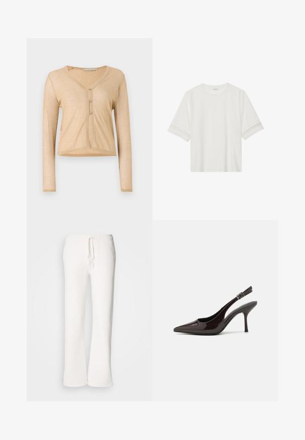 Bežs garās piedurknes kardigāns, kas izgatavots no teksturēta, spīdīga auduma, ar V veida kakla izgriezumu un trīs pogu aizdari priekšpusē.; Balta īsām piedurknēm T-kreklu, izgatavotu no kokvilnas, ar dekoratīvu mežģīņu apdari ap piedurknēm un apaļu kakla izgriezumu.; Baltas, brīvi pieguļoši sporta bikses, izgatavotas no mīkstas auduma, ar elastīgu jostu un aukliņu, kā arī taisna kāju dizainu.; Slingback augstpapēžu kurpe ar spīdīgu tumši brūnu lakotu ādu, ar norādītu purngalu, atvērtām pusēm un regulējamu potītes siksniņu.