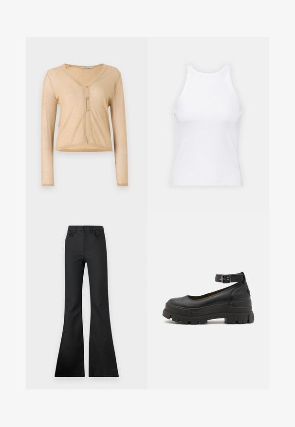 Beige pitkähihaine villatakki, joka on valmistettu teksturoidusta, kimaltavasta kankaasta ja siinä on V-pääntie sekä kolmesta napista kiinnitettävä etuosa.; Valkoinen hihaton toppi, joka on valmistettu ribbikankaasta, ja jossa on pyöreä pääntie ja tiukka siluetti, minimaalisin saumoin ja ilman koristeita.; Mustat leveälahkeiset farkut, joissa on keski- ja korkeat vyötäröt, valmistettu sileästä kankaasta. Ominaisuuksiin kuuluvat viisi taskua ja näkyvät ompelusyyt.; Buffalo ASPHA - Platoo-avokkaat - black