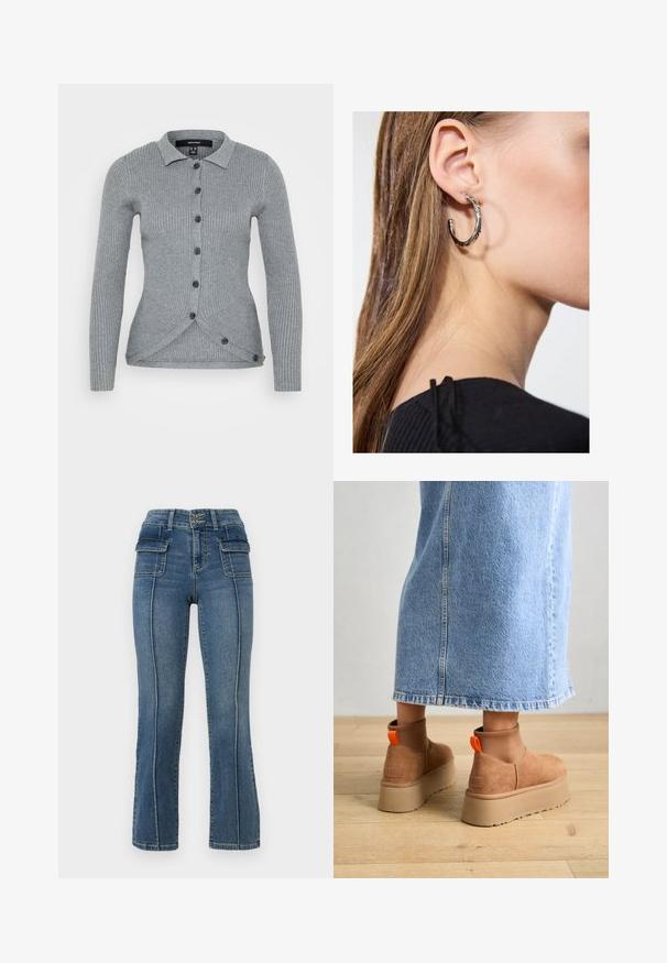 Vero Moda Petite VMWILLOW POLO CARDIGAN - Vesta na kopčanje - medium grey melange; Even&Odd Petite 2 PACK - Top - light grey/black; ONLY Petite ONLWAUW MID WAIST FLARED - Trapezaste traperice - medium blue denim; Smeđe suede platform čizme s elastičnim bočnim panelima i narančastim vučnim trakama, uparenim s suknjom od svijetlog denima do koljena na drvenom podu.; Srebrna kružna naušnica s poliranim završetkom, koja ima male zlatne detalje i okrugli oblik, nošena na uhu.