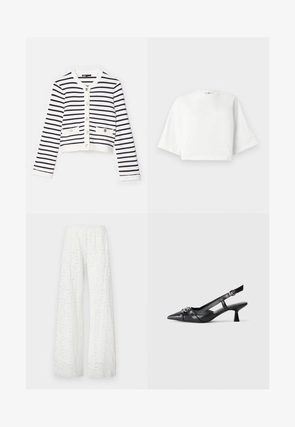 Pruhovaný svetr, bílý a tmavě modrý. Má kulatý výstřih, dlouhé rukávy, dvě přední kapsy a dekorativní knoflíky.; Bílý zkrácený tričko s uvolněným střihem, širokými krátkými rukávy, kulatým výstřihem a bočními rozparky, vyrobené z jemného bavlněného materiálu.; Bílé široké kalhoty s elastickým pasem, s texturovaným květinovým krajkovým vzorem po celé látce.; Černé kožené slingback boty s špičatou špičkou, dekorativními pásky s kovovými očky a nízkým blokovým podpatkem. Texturovaný povrch.