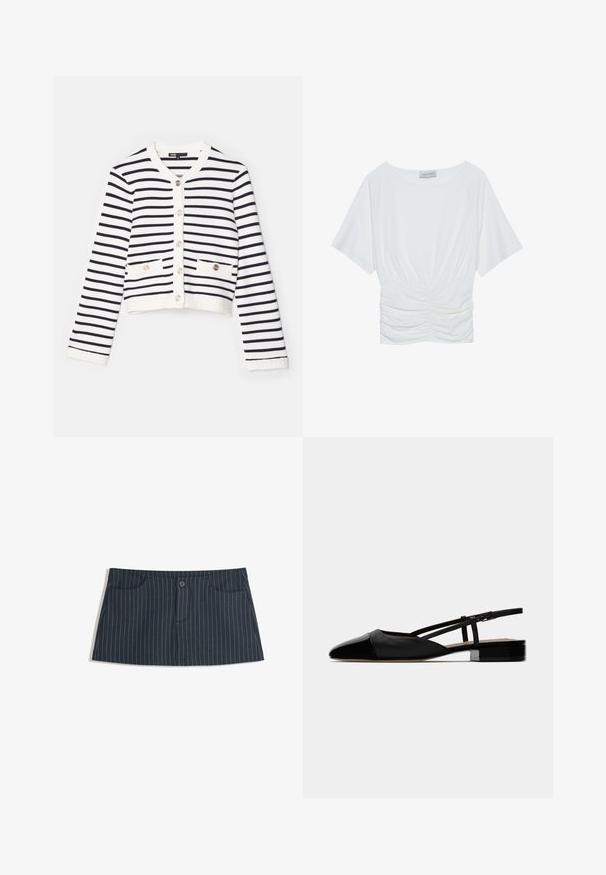 Raidallinen villatakki, valkoinen ja tummansininen. Ominaisuuksiin kuuluu pyöreä kaulus, pitkät hihat, kaksi etutaskua ja koristeelliset napit.; Valkoinen lyhythihainen paita, jossa on rento istuvuus, ja vyötäröllä on poimittu rypytysdesign sekä sileä kangas. Merkki: Anna Field.; Tummansininen pinstripe-minihame, jossa on etutaskut ja yksi napitus vyötäröllä.; Mustat nahkaslingback-mokkasiinit, joissa on terävä kärki, suljettu vampiiri ja säädettävä nilkkaremmi. Varustettu matalalla neliskulmaisella korkolla. Tasainen pinta.