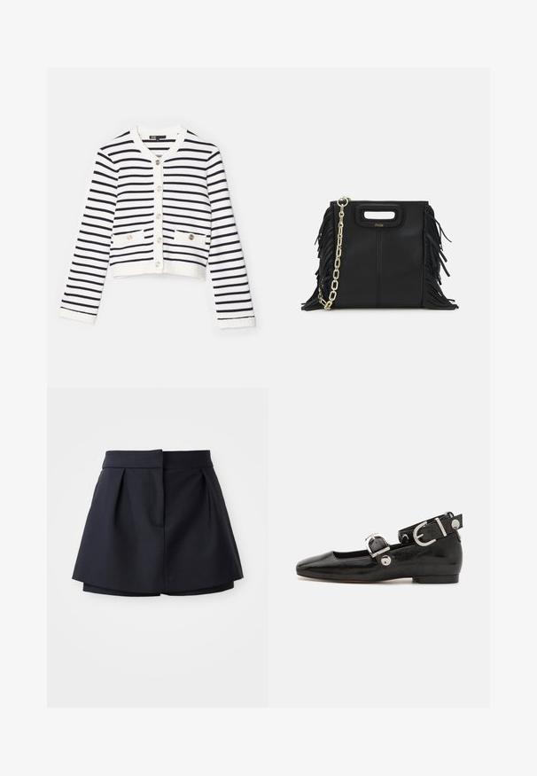Randig kofta, vit och marinblå. Har rund halsringning, långa ärmar, två framfickor och dekorativa knappar.; Marinblå ribbad polo-shirt med spetsig krage, korta ärmar och två framfickor med knappslut; framhävd med vita sömdekorationer.; Marinblå plisserade shorts med hög midja, tillverkade av mjukt tyg. Har en figurnära design och en dold framficka.; Svart lacklädersplattork med fyrkantig tå, ankelrem med silverfärgad detalj och platt sula. Slät yta med minimalistisk design.; Svart läderhandväska med fransdetaljer, guldkedja som axelrem och ett handtag med urtag. Har logotyp placering framtill.