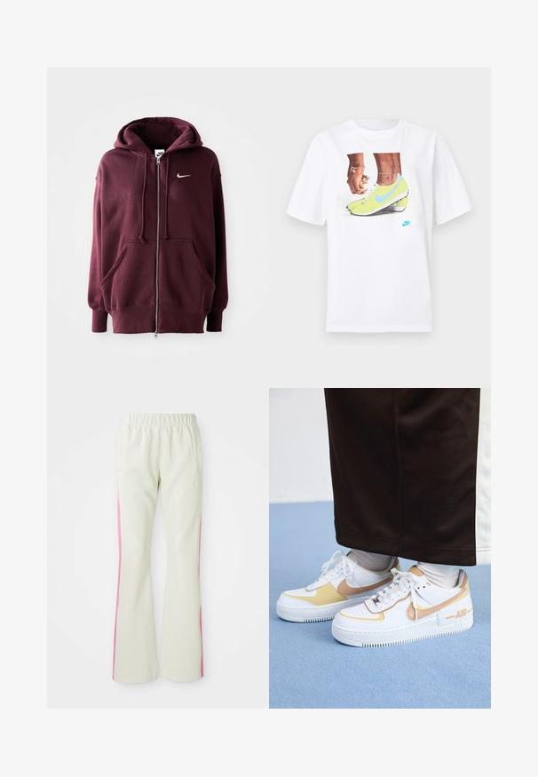 Sweatshirt Nike em bordô com fecho na frente, capuz grande, bolsos frontais e um pequeno logótipo branco no lado esquerdo do peito. Tecido suave com punhos canelados.; T-shirt branco de algodão com uma gráfica de pés em chuteiras Nike amarelas com detalhes azuis, combinado com uma pulseira no pulso esquerdo.; Calças bege claras com uma cintura elástica, apresentando painéis laterais cor-de-rosa e bolsos laterais. Textura suave com um design de perna reta.; Ténis brancos em pele com detalhes dourados, apresentando uma biqueira perfurada, atacadores planos e uma sola de borracha espessa com o logótipo "AIR" na lateral.