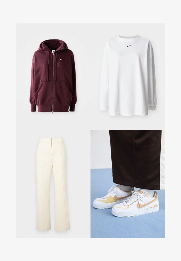 Sweatshirt Nike em bordô com fecho na frente, capuz grande, bolsos frontais e um pequeno logótipo branco no lado esquerdo do peito. Tecido suave com punhos canelados.; T-shirt branca de manga longa, feita de algodão, com decote redondo e um pequeno logo preto da Nike no peito. Design simples, corte relaxado.; Calças de cor creme com um design de perna larga, cintura elástica e costuras laterais subtis. Apresenta um pequeno logotipo na parte inferior da frente.; Ténis brancos em pele com detalhes dourados, apresentando uma biqueira perfurada, atacadores planos e uma sola de borracha espessa com o logótipo "AIR" na lateral.