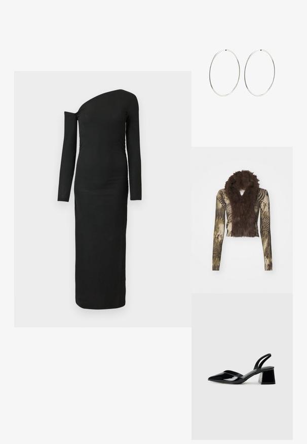 Cropped top with long sleeves, featuring a mixed material design. Abstract brown and green pattern with a faux fur collar.; Black, form-fitting, long-sleeve dress with an asymmetric neckline and gathered side detail, made from ribbed fabric.; Black patent leather slingback heels with a pointed toe and a geometric block heel. Features a sleek, minimal design and smooth texture.; Silver hoop earrings with a smooth, round design and a polished finish. They are thin and lightweight, featuring a simple clasp closure.