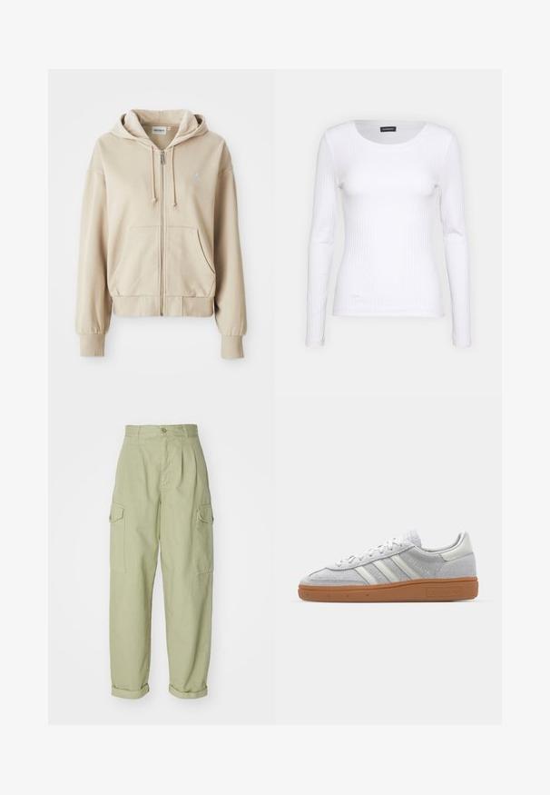 Beige Kapuzenpullover mit Reißverschluss, Kordelzugkapuze, Kängurutaschen, gerippten Bündchen und Saum sowie einem kleinen Logo auf der linken Brust. Weiche Stoffstruktur.; Weißes geripptes Langarmoberteil mit Rundhalsausschnitt. Aus einem dehnbaren Stoff gefertigt, der den Körper umschmeichelt. Verfügt über dezente horizontale Streifen.; Hellgrüne Cargo-Hose aus Baumwollstoff. Hat eine hohe Taille, aufgerollte Bündchen und zwei seitliche Cargo-Taschen für zusätzlichen Nutzen.; Hellgraue Wildledersneaker mit weißen Lederakzenten, drei weißen Streifen und einer braunen Gummisohle, ausgestattet mit einem gepolsterten Kragen für zusätzlichen Komfort.