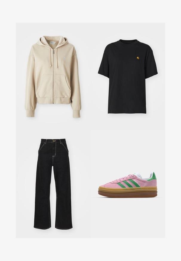 Beige zip-hoodie med snøre hætte, kenguruposer, ribbede manchetter og kant, samt et lille logo på venstre bryst. Blødt stoftekstur.; Sort bomulds T-shirt med en afslappet pasform. Har en rund halsudskæring og korte ærmer. Inkluderer et lille guld broderet logo på brystet.; Sorte bukser med bred ben, lavet af denim og prydet med kontrastfarvet hvid syning samt en frontlukning med knap, og to skrå forlommer.; Lyserøde ruskindsneakers med grønne striber, hvide accenter og en brun gummisål. Har tekstureret stof og logodetaljer på siden.