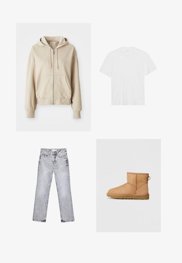 Beige zip-hoodie med snøre hætte, kenguruposer, ribbede manchetter og kant, samt et lille logo på venstre bryst. Blødt stoftekstur.; Hvid bomulds T-shirt med korte ærmer, rund halsudskæring og lige kant. Glat tekstur, minimalistisk design uden mønstre eller accenter.; Grå denim jeans med lige ben, distressed detaljer, fem lommer og kobbernitter. Taljebåndet har et logomærke.; Brune suede ankelstøvle med rund tå, stikninger, en pull tab bagpå og en tekstureret gummisål. Designet til komfort og varme.